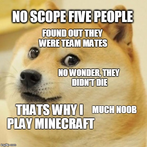 Doge Meme | NO SCOPE FIVE PEOPLE; FOUND OUT THEY WERE TEAM MATES; NO WONDER, THEY DIDN'T DIE; MUCH NOOB; THATS WHY I PLAY MINECRAFT | image tagged in memes,doge | made w/ Imgflip meme maker