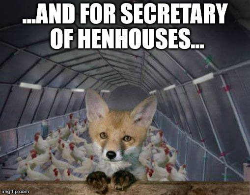 secretary of henhouses | ...AND FOR SECRETARY OF HENHOUSES... | image tagged in trump,nomination,animals | made w/ Imgflip meme maker