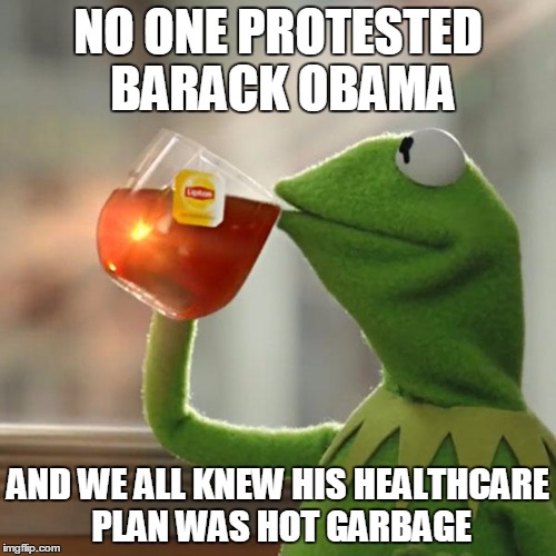 But That's None Of My Business | NO ONE PROTESTED BARACK OBAMA; AND WE ALL KNEW HIS HEALTHCARE PLAN WAS HOT GARBAGE | image tagged in memes,but thats none of my business,kermit the frog | made w/ Imgflip meme maker