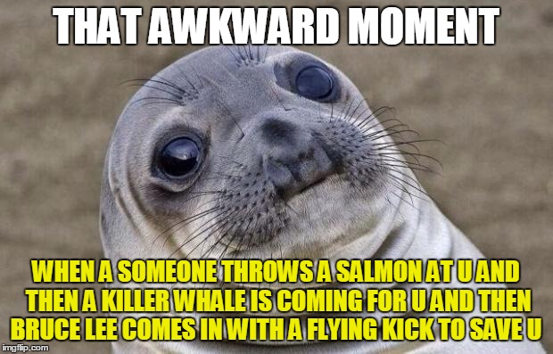 Awkward Moment Sealion | THAT AWKWARD MOMENT; WHEN A SOMEONE THROWS A SALMON AT U AND THEN A KILLER WHALE IS COMING FOR U AND THEN BRUCE LEE COMES IN WITH A FLYING KICK TO SAVE U | image tagged in memes,awkward moment sealion | made w/ Imgflip meme maker