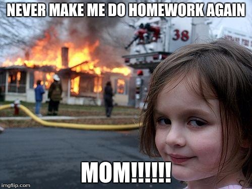 Disaster Girl | NEVER MAKE ME DO HOMEWORK AGAIN; MOM!!!!!! | image tagged in memes,disaster girl | made w/ Imgflip meme maker