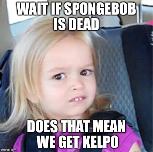 Confused Little Girl | WAIT IF SPONGEBOB IS DEAD; DOES THAT MEAN WE GET KELPO | image tagged in confused little girl | made w/ Imgflip meme maker