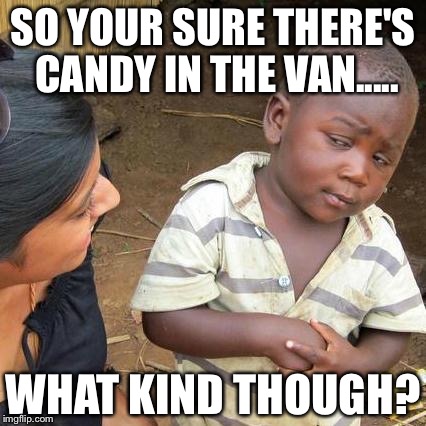 Third World Skeptical Kid | SO YOUR SURE THERE'S CANDY IN THE VAN..... WHAT KIND THOUGH? | image tagged in memes,third world skeptical kid | made w/ Imgflip meme maker