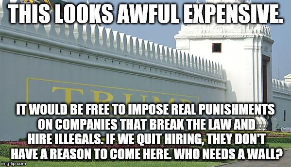 Trump wall | THIS LOOKS AWFUL EXPENSIVE. IT WOULD BE FREE TO IMPOSE REAL PUNISHMENTS ON COMPANIES THAT BREAK THE LAW AND HIRE ILLEGALS. IF WE QUIT HIRING, THEY DON'T HAVE A REASON TO COME HERE. WHO NEEDS A WALL? | image tagged in trump wall | made w/ Imgflip meme maker