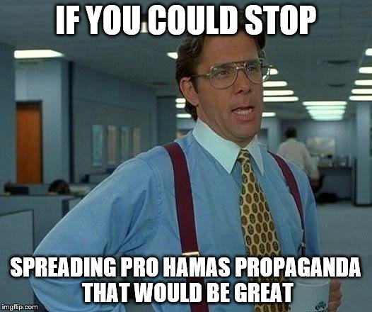 That Would Be Great | IF YOU COULD STOP; SPREADING PRO HAMAS PROPAGANDA THAT WOULD BE GREAT | image tagged in memes,that would be great | made w/ Imgflip meme maker