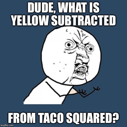 Y U No Meme | DUDE, WHAT IS YELLOW SUBTRACTED; FROM TACO SQUARED? | image tagged in memes,y u no | made w/ Imgflip meme maker