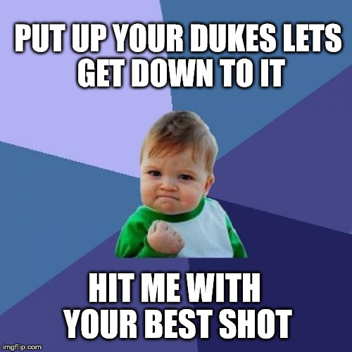 Success Kid Meme | PUT UP YOUR DUKES
LETS GET DOWN TO IT; HIT ME WITH YOUR BEST SHOT | image tagged in memes,success kid | made w/ Imgflip meme maker