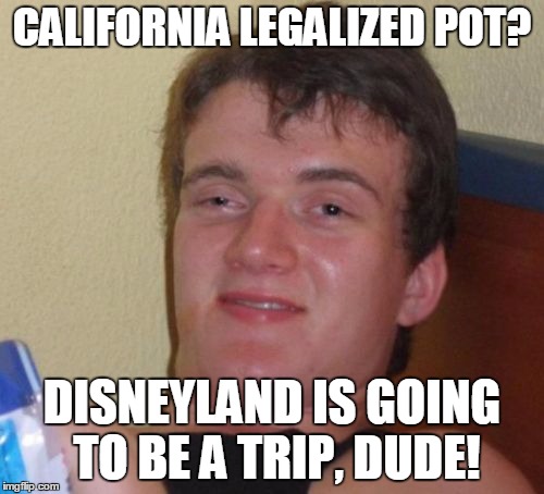10 Guy Meme | CALIFORNIA LEGALIZED POT? DISNEYLAND IS GOING TO BE A TRIP, DUDE! | image tagged in memes,10 guy | made w/ Imgflip meme maker