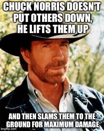 Successful Chuck Norrisman | CHUCK NORRIS DOESN'T PUT OTHERS DOWN, HE LIFTS THEM UP; AND THEN SLAMS THEM TO THE GROUND FOR MAXIMUM DAMAGE | image tagged in memes,chuck norris | made w/ Imgflip meme maker