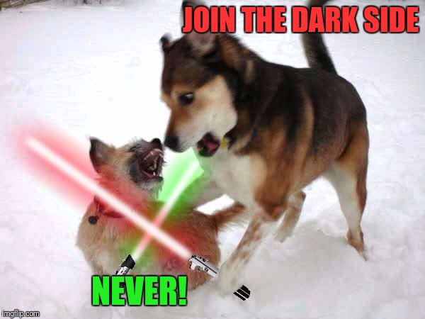 Join the Barkside | JOIN THE DARK SIDE NEVER! | image tagged in star wars,dogs,funny dogs | made w/ Imgflip meme maker