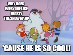 WHY DOES EVERYONE LIKE FROSTY THE SNOWMAN? 'CAUSE HE IS SO COOL! | image tagged in you're 20 cooler than the other snowmen | made w/ Imgflip meme maker