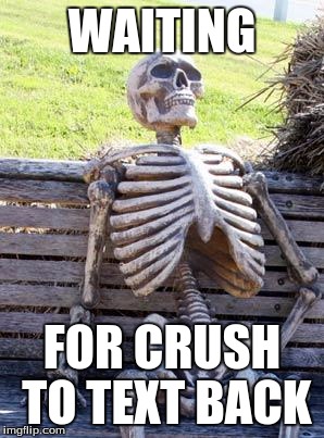 Waiting Skeleton | WAITING; FOR CRUSH TO TEXT BACK | image tagged in memes,waiting skeleton | made w/ Imgflip meme maker