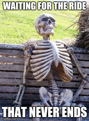 Waiting Skeleton | WAITING FOR THE RIDE; THAT NEVER ENDS | image tagged in memes,waiting skeleton | made w/ Imgflip meme maker