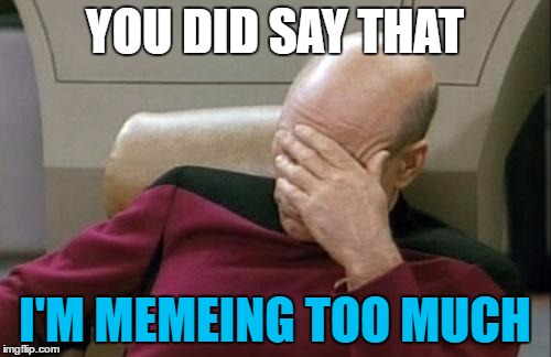 Captain Picard Facepalm Meme | YOU DID SAY THAT I'M MEMEING TOO MUCH | image tagged in memes,captain picard facepalm | made w/ Imgflip meme maker