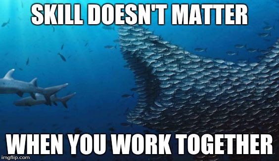 Fish Teamwork | SKILL DOESN'T MATTER; WHEN YOU WORK TOGETHER | image tagged in fish teamwork | made w/ Imgflip meme maker