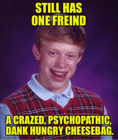 Bad Luck Brian Meme | STILL HAS ONE FREIND A CRAZED, PSYCHOPATHIC, DANK HUNGRY CHEESEBAG. | image tagged in memes,bad luck brian | made w/ Imgflip meme maker