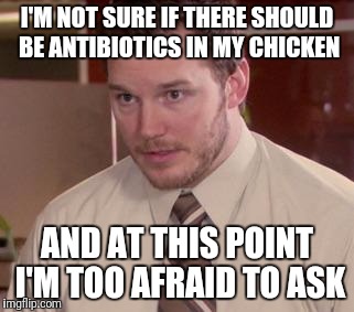 Andy Dwyer | I'M NOT SURE IF THERE SHOULD BE ANTIBIOTICS IN MY CHICKEN; AND AT THIS POINT I'M TOO AFRAID TO ASK | image tagged in andy dwyer | made w/ Imgflip meme maker