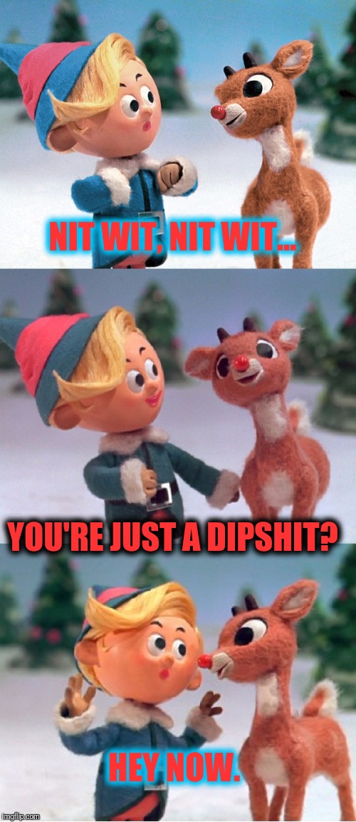 Rudolph and Hermie | NIT WIT, NIT WIT... YOU'RE JUST A DIPSHIT? HEY NOW. | image tagged in rudolph and hermie | made w/ Imgflip meme maker