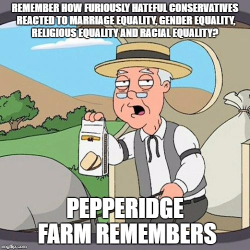 "Remember how furiously hateful conservatives reacted to marriage, gender, religious, and racial equality? Pepperidge Farm Remembers."