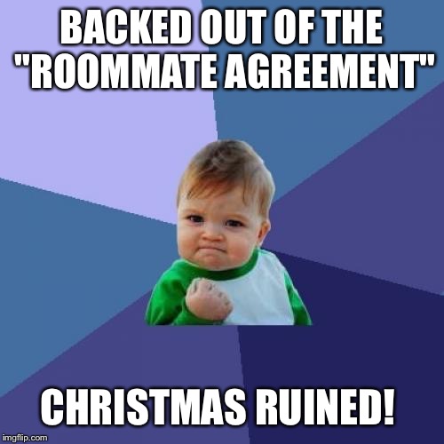 Success Kid Meme | BACKED OUT OF THE "ROOMMATE AGREEMENT"; CHRISTMAS RUINED! | image tagged in memes,success kid | made w/ Imgflip meme maker