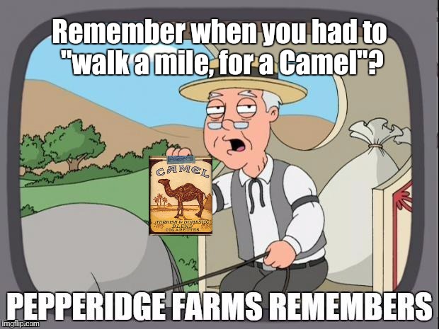 PEPPERIDGE FARMS REMEMBERS | Remember when you had to "walk a mile, for a Camel"? | image tagged in pepperidge farms remembers | made w/ Imgflip meme maker