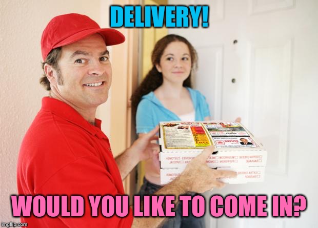 pizza delivery customer | DELIVERY! WOULD YOU LIKE TO COME IN? | image tagged in pizza delivery customer,memes,100 satisfaction guaranteed | made w/ Imgflip meme maker
