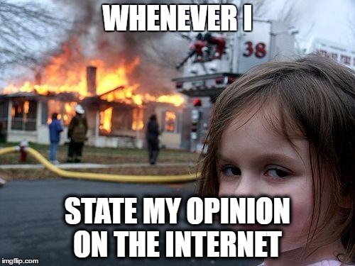 Disaster Girl | WHENEVER I; STATE MY OPINION ON THE INTERNET | image tagged in memes,disaster girl | made w/ Imgflip meme maker