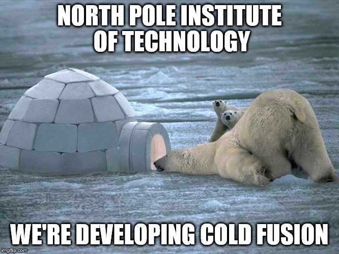 Polar Bear Igloo | NORTH POLE INSTITUTE OF TECHNOLOGY; WE'RE DEVELOPING COLD FUSION | image tagged in polar bear igloo | made w/ Imgflip meme maker