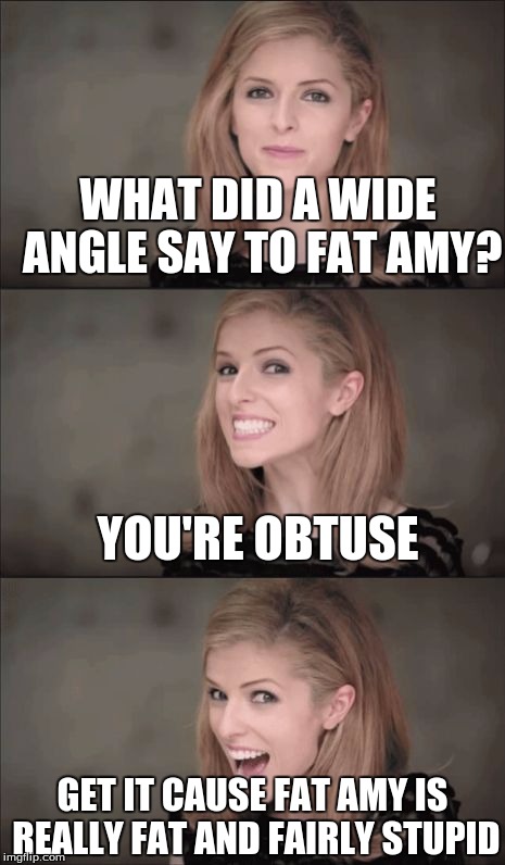 Bad Pun Anna Kendrick Meme | WHAT DID A WIDE ANGLE SAY TO FAT AMY? YOU'RE OBTUSE; GET IT CAUSE FAT AMY IS REALLY FAT AND FAIRLY STUPID | image tagged in memes,bad pun anna kendrick | made w/ Imgflip meme maker
