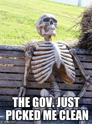 Waiting Skeleton | THE GOV. JUST PICKED ME CLEAN | image tagged in memes,waiting skeleton | made w/ Imgflip meme maker