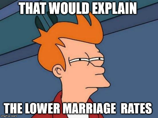 Futurama Fry Meme | THAT WOULD EXPLAIN THE LOWER MARRIAGE  RATES | image tagged in memes,futurama fry | made w/ Imgflip meme maker