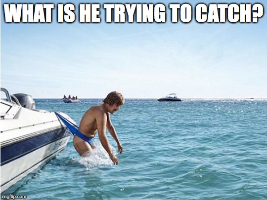 A Snag In His Plan | WHAT IS HE TRYING TO CATCH? | image tagged in swimmer,hooked | made w/ Imgflip meme maker