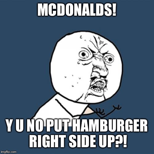 Y U No Meme | MCDONALDS! Y U NO PUT HAMBURGER RIGHT SIDE UP?! | image tagged in memes,y u no | made w/ Imgflip meme maker