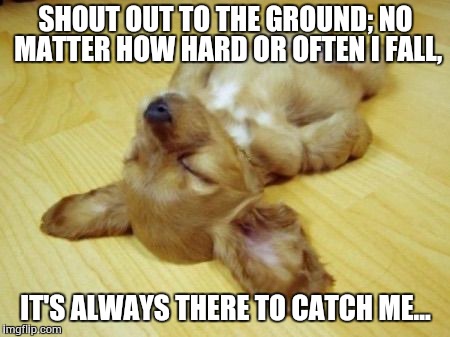 Passed out Puppy | SHOUT OUT TO THE GROUND; NO MATTER HOW HARD OR OFTEN I FALL, IT'S ALWAYS THERE TO CATCH ME... | image tagged in passed out puppy | made w/ Imgflip meme maker