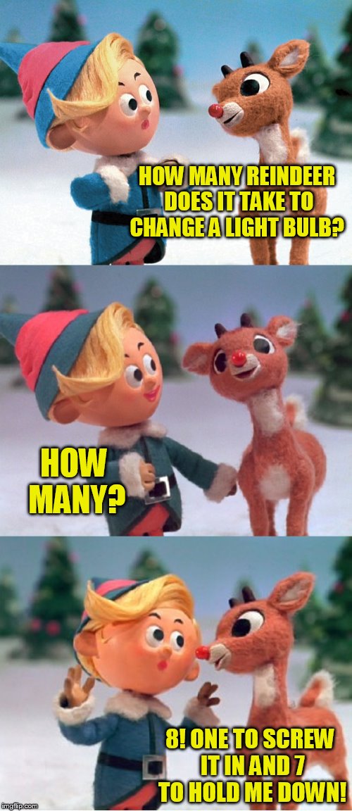 Rudolph and Hermie | HOW MANY REINDEER DOES IT TAKE TO CHANGE A LIGHT BULB? HOW MANY? 8! ONE TO SCREW IT IN AND 7 TO HOLD ME DOWN! | image tagged in rudolph and hermie | made w/ Imgflip meme maker