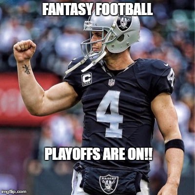 Derek Carr Fantasy Football Playoffs | FANTASY FOOTBALL; PLAYOFFS ARE ON!! | image tagged in oakland raiders,fantasy football | made w/ Imgflip meme maker