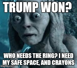 Scared Gollum | TRUMP WON? WHO NEEDS THE RING? I NEED MY SAFE SPACE, AND CRAYONS | image tagged in scared gollum | made w/ Imgflip meme maker