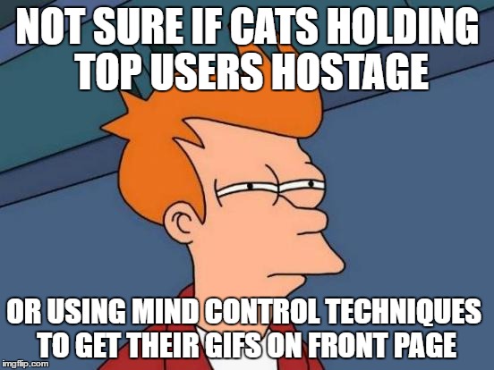 Futurama Fry Meme | NOT SURE IF CATS HOLDING TOP USERS HOSTAGE; OR USING MIND CONTROL TECHNIQUES TO GET THEIR GIFS ON FRONT PAGE | image tagged in memes,futurama fry | made w/ Imgflip meme maker