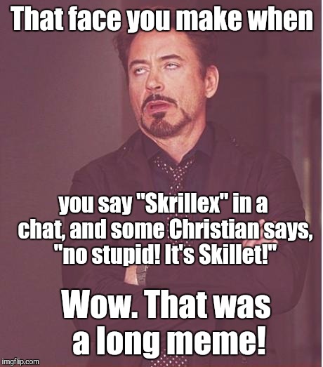 Face You Make Robert Downey Jr Meme | That face you make when; you say "Skrillex" in a chat, and some Christian says, "no stupid! It's Skillet!"; Wow. That was a long meme! | image tagged in memes,face you make robert downey jr | made w/ Imgflip meme maker