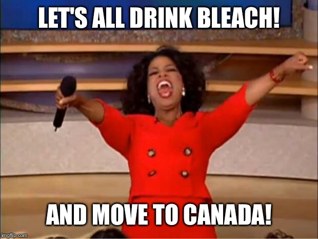 Oprah You Get A Meme | LET'S ALL DRINK
BLEACH! AND MOVE TO CANADA! | image tagged in memes,oprah you get a | made w/ Imgflip meme maker