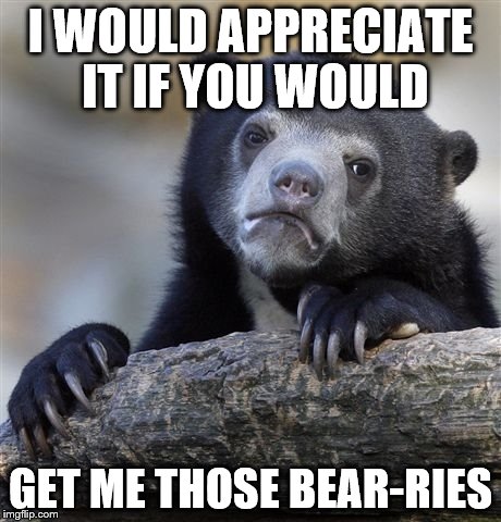 Confession Bear | I WOULD APPRECIATE IT IF YOU WOULD; GET ME THOSE BEAR-RIES | image tagged in memes,confession bear | made w/ Imgflip meme maker