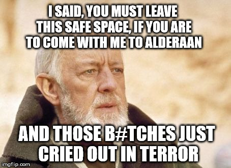 Obi Wan Kenobi Meme | I SAID, YOU MUST LEAVE THIS SAFE SPACE, IF YOU ARE TO COME WITH ME TO ALDERAAN; AND THOSE B#TCHES JUST CRIED OUT IN TERROR | image tagged in memes,obi wan kenobi,first world problems,funny,satire,political meme | made w/ Imgflip meme maker