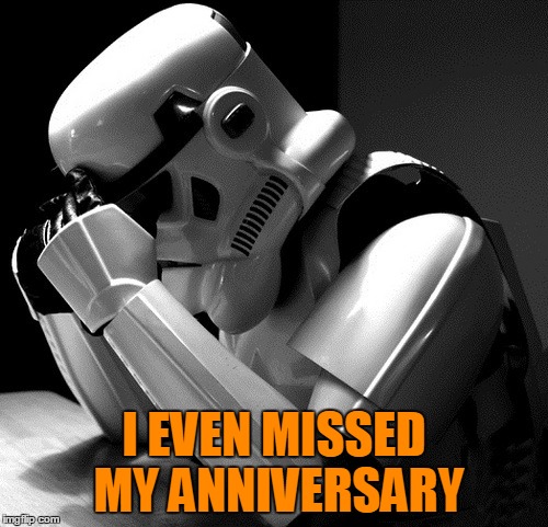 I even missed my anniversary | I EVEN MISSED MY ANNIVERSARY | image tagged in sad stormtrooper,can't hit a thing,always misses,the mrs won't be happy,does he miss the mrs when he's at work | made w/ Imgflip meme maker