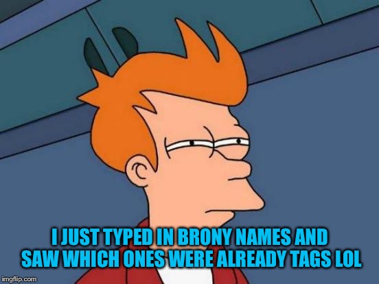 Futurama Fry Meme | I JUST TYPED IN BRONY NAMES AND SAW WHICH ONES WERE ALREADY TAGS LOL | image tagged in memes,futurama fry | made w/ Imgflip meme maker