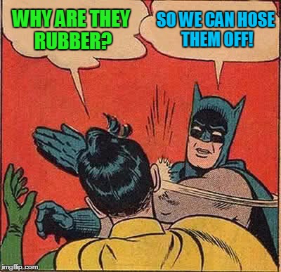 Batman Slapping Robin Meme | WHY ARE THEY RUBBER? SO WE CAN HOSE THEM OFF! | image tagged in memes,batman slapping robin | made w/ Imgflip meme maker
