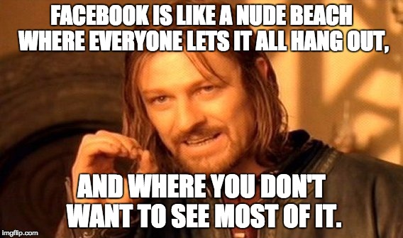 One Does Not Simply | FACEBOOK IS LIKE A NUDE BEACH WHERE EVERYONE LETS IT ALL HANG OUT, AND WHERE YOU DON'T WANT TO SEE MOST OF IT. | image tagged in memes,one does not simply | made w/ Imgflip meme maker