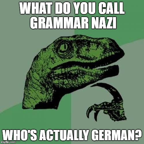 Ich spricht Deutsche gut | WHAT DO YOU CALL GRAMMAR NAZI; WHO'S ACTUALLY GERMAN? | image tagged in memes,philosoraptor,funny,grammar nazi,german | made w/ Imgflip meme maker