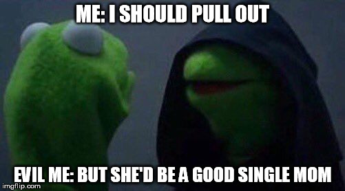 kermit me to me | ME: I SHOULD PULL OUT; EVIL ME: BUT SHE'D BE A GOOD SINGLE MOM | image tagged in kermit me to me | made w/ Imgflip meme maker