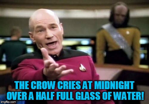 Picard Wtf Meme | THE CROW CRIES AT MIDNIGHT OVER A HALF FULL GLASS OF WATER! | image tagged in memes,picard wtf | made w/ Imgflip meme maker