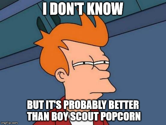 Futurama Fry Meme | I DON'T KNOW BUT IT'S PROBABLY BETTER THAN BOY SCOUT POPCORN | image tagged in memes,futurama fry | made w/ Imgflip meme maker